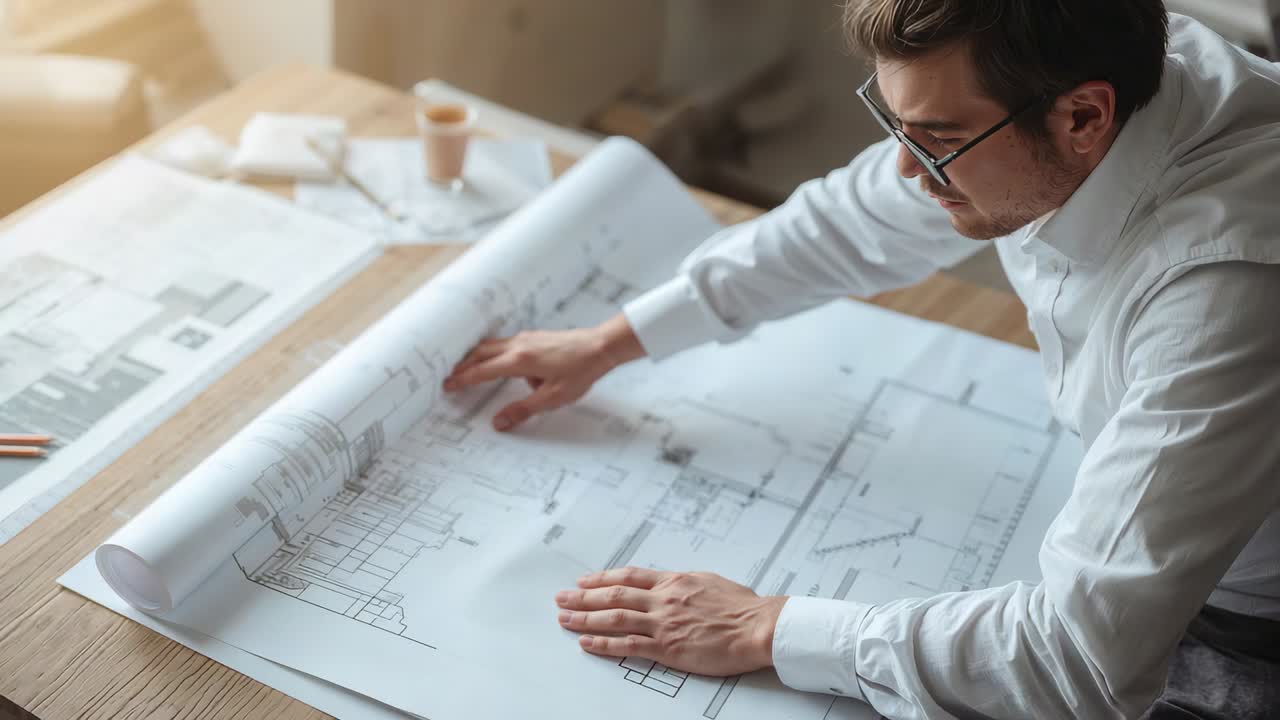 Noticing plans, architect in white shirt unrolling, tracing plans at desk to review, copy space