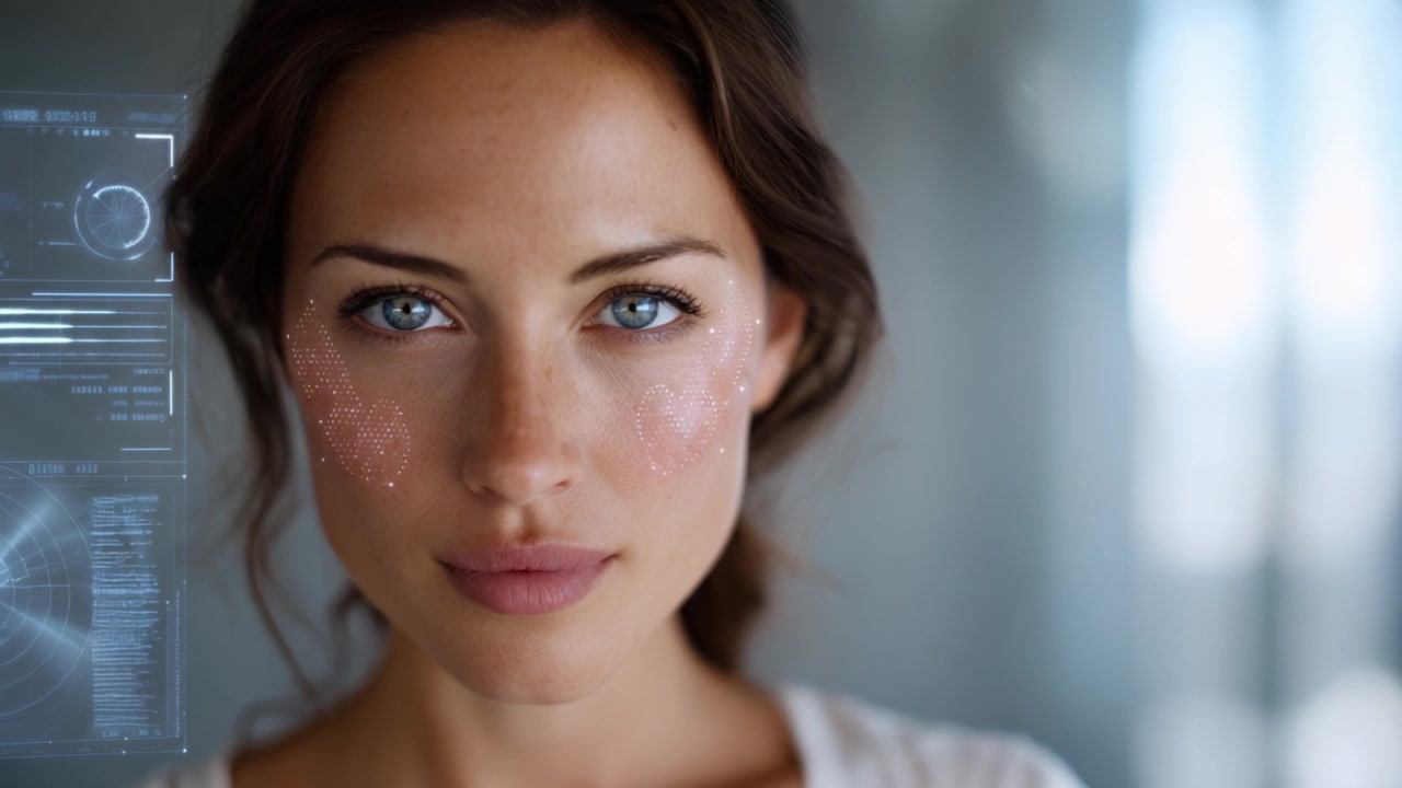 Ritratto ravvicinato di una donna con proiezioni facciali digitali e splendidi occhi blu, catturato in un'atmosfera moderna e futuristica che mette in mostra bellezza e tecnologia.
