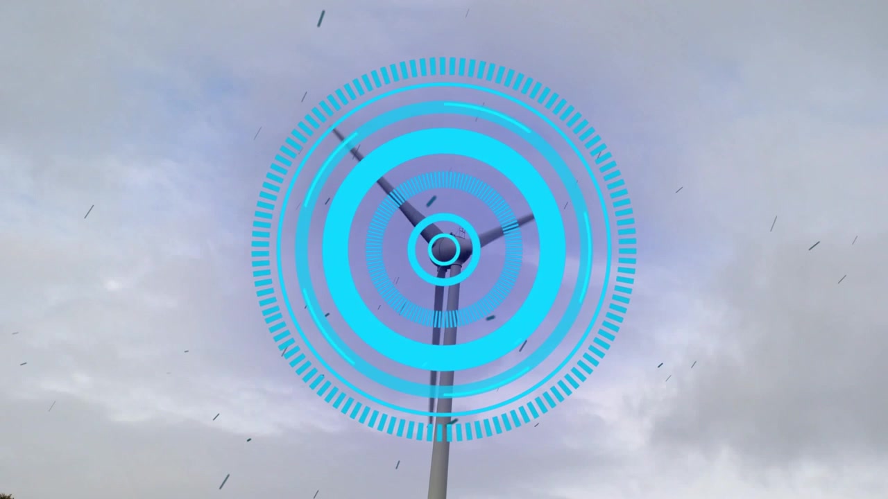 Animation of round scanner and particles over spinning windmill against blue sky