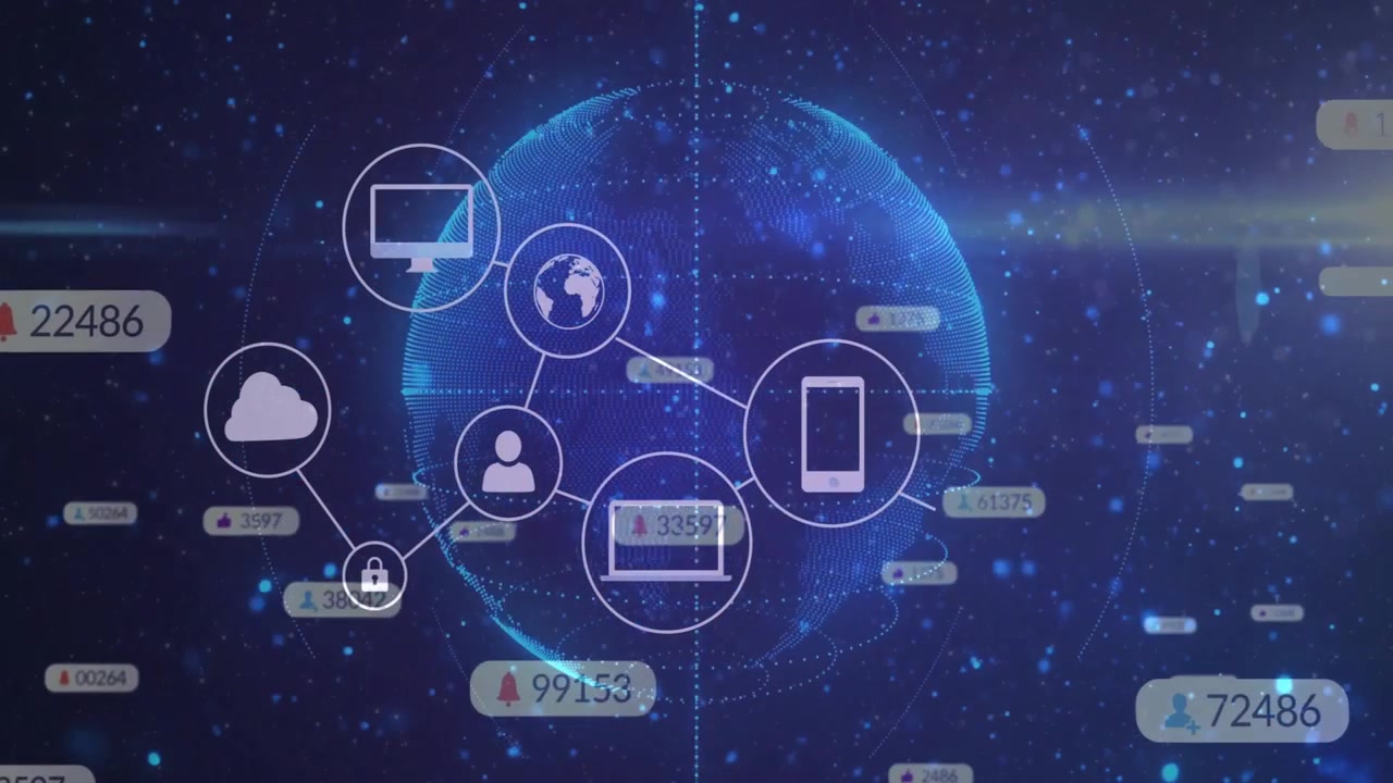 Rotating digital globe initiating icon linking and drifting metrics visualizing expanding network