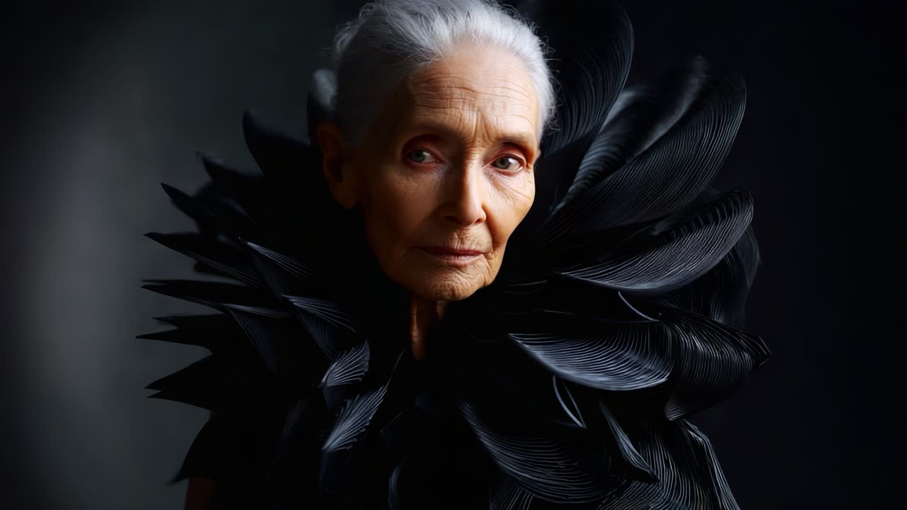 A striking portrait of an elderly woman adorned in an elaborate black feathered collar, showcasing a dramatic contrast between age and avant-garde fashion, emanating a powerful presence