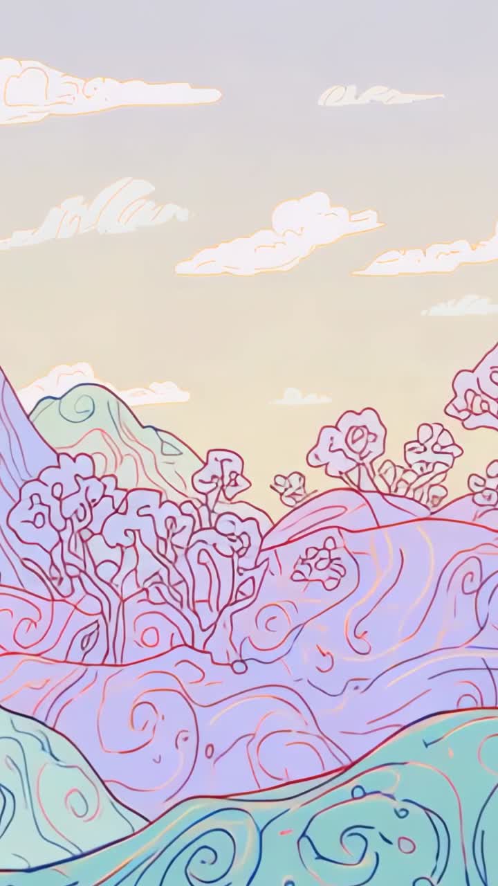 Vertical video: Starting scene showing pastel patterned hills with flower clusters and clouds