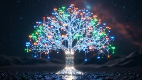 a stunning visualization of data integration in nature: an illuminated tree symbolizing the interconnection of information and growth through technology