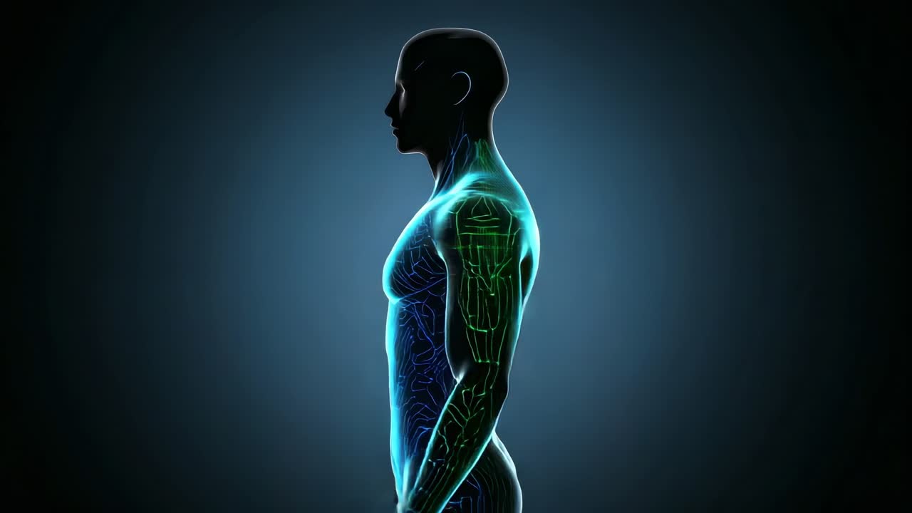 Telecamera che ruota, rivelando un modello anatomico in studio, mostrando linee nervose blu, evidenziando la colonna vertebrale