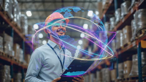 logistics manager with global supply chain network in warehouse