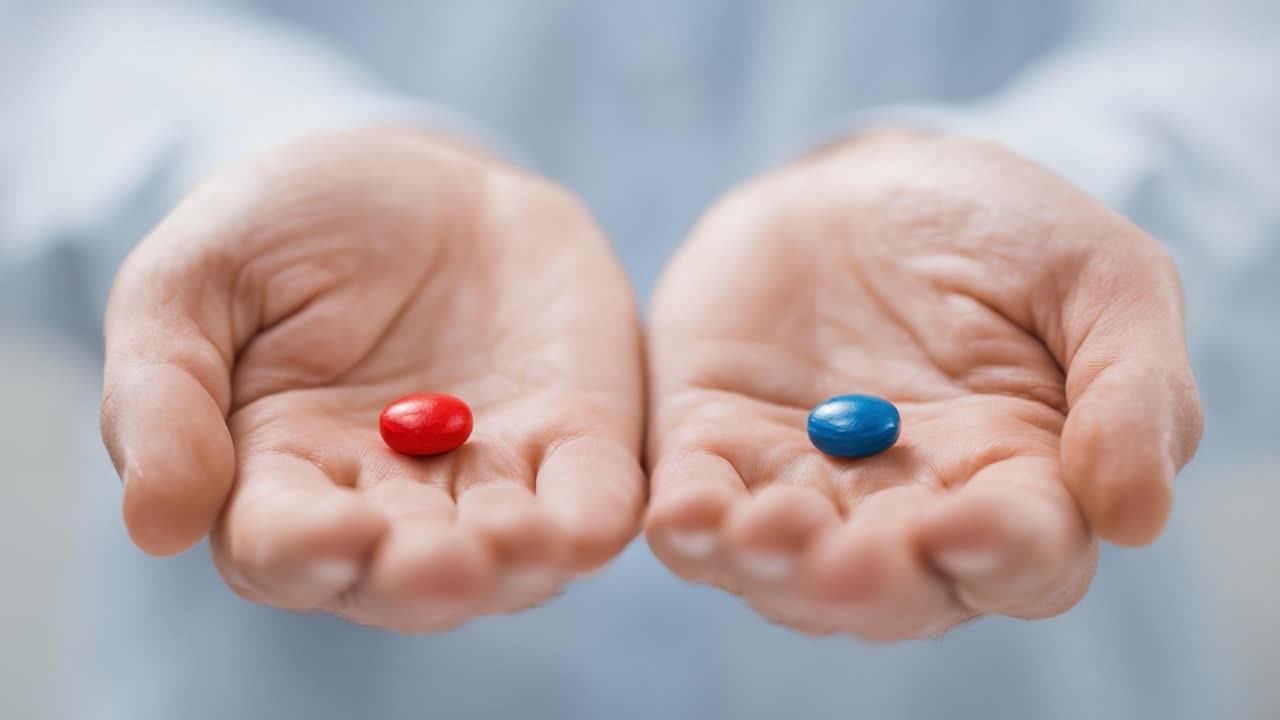 Una Elección entre Dos Caminos: Las Píldoras Roja y Azul que Simbolizan Decisiones y Consecuencias en la Vida, Capturadas en un Momento de Contemplación y Reflexión