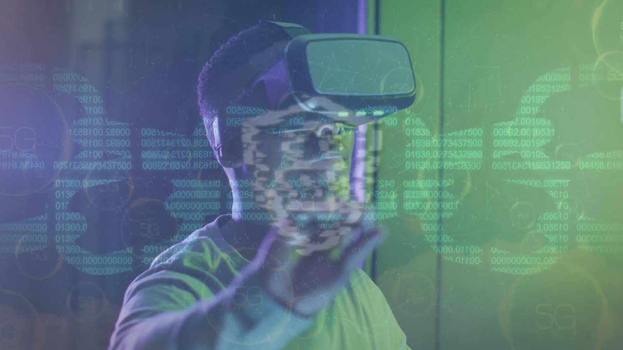 Animation of digital chain over african american man using vr headset in server room