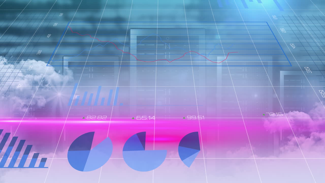 Digital animation of statistical data processing over clouds against computer servers