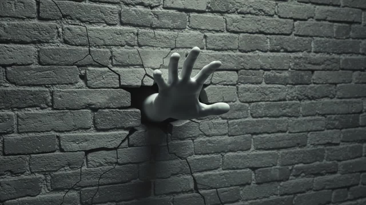 A Mysterious Hand Emerges from a Cracked Wall, Symbolizing Struggle and Entropy in a Captivating Visual Metaphor of Escape and Unseen Forces