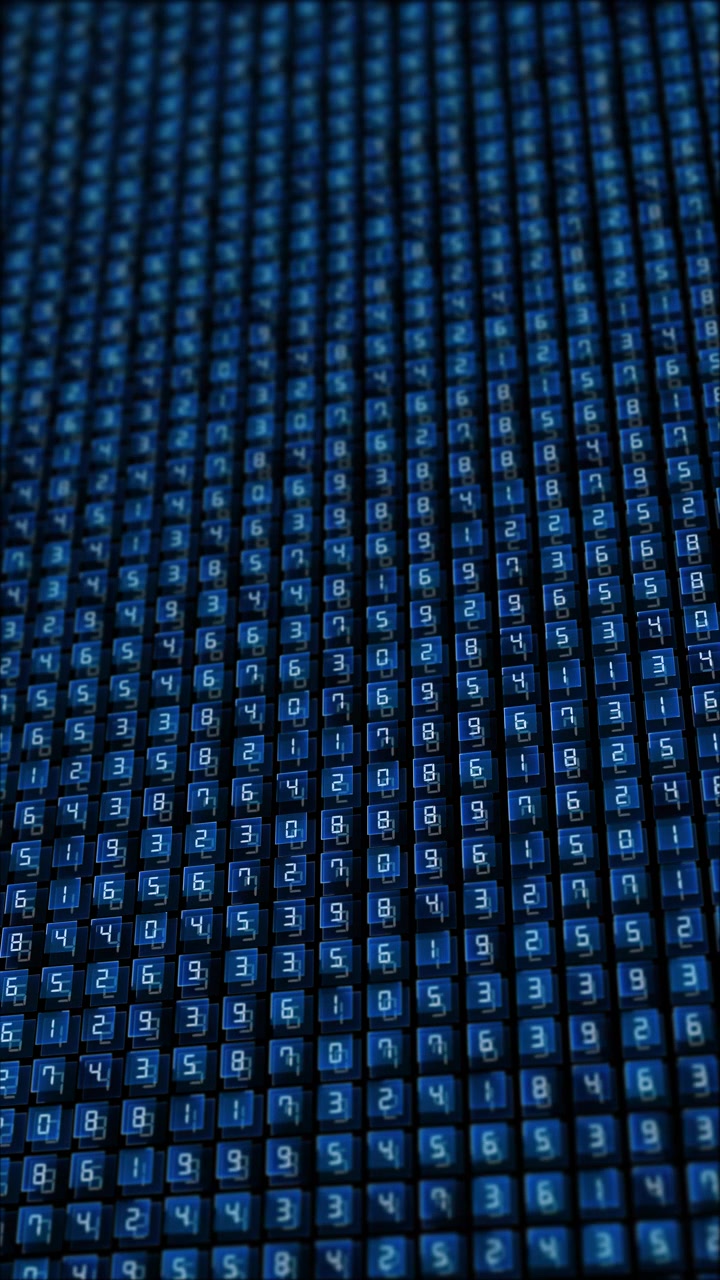 Blue numeric matrix tile background with glowing number blocks dark perspective grid and futuristic