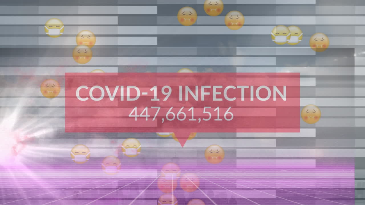 코로나 19 데이터 처리의 애니메이션은 얼굴 마스크와 함께 여러 병자 이모티콘을 통해 처리됩니다.