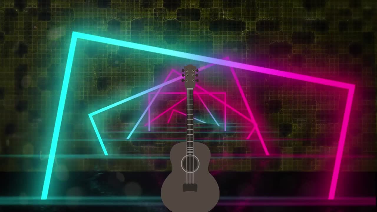 Animazione di una chitarra su forme geometriche al neon su sfondo scuro.