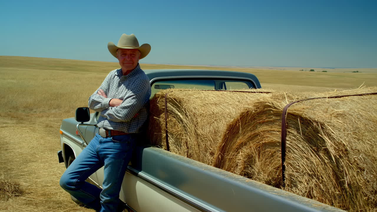 Uomo con cappello da cowboy appoggiato a un pick-up con balle di fieno in un campo