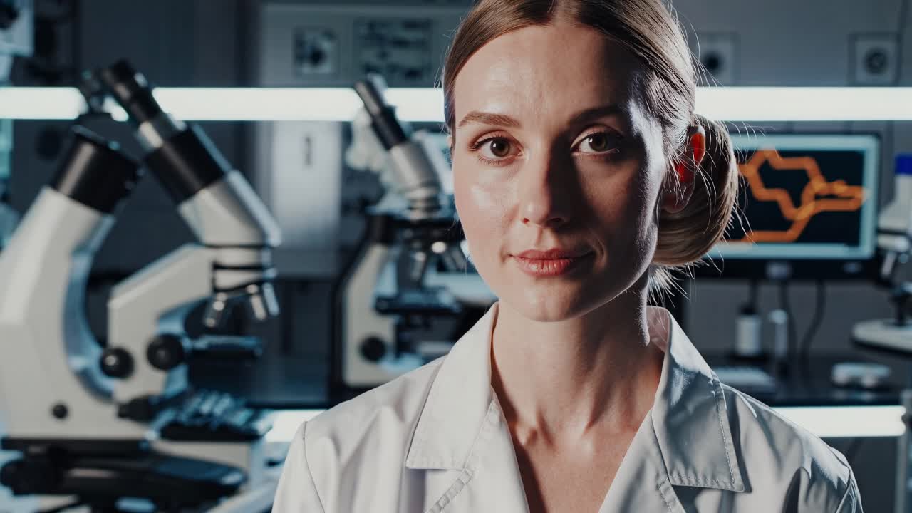 портрет уверенной в себе молодой ученый-женщины, смотрящей на камеру в современной лаборатории с микроскопами и компьютерными экранами на заднем плане
