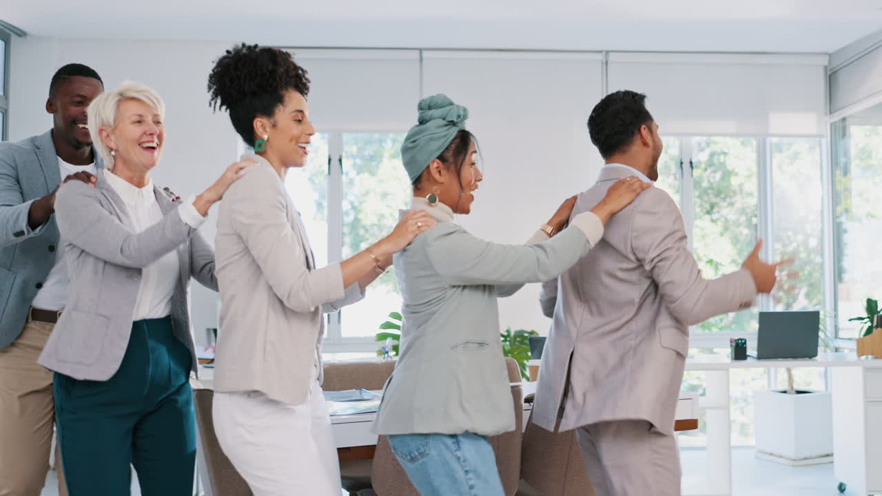 Happy, dance or employees in celebration