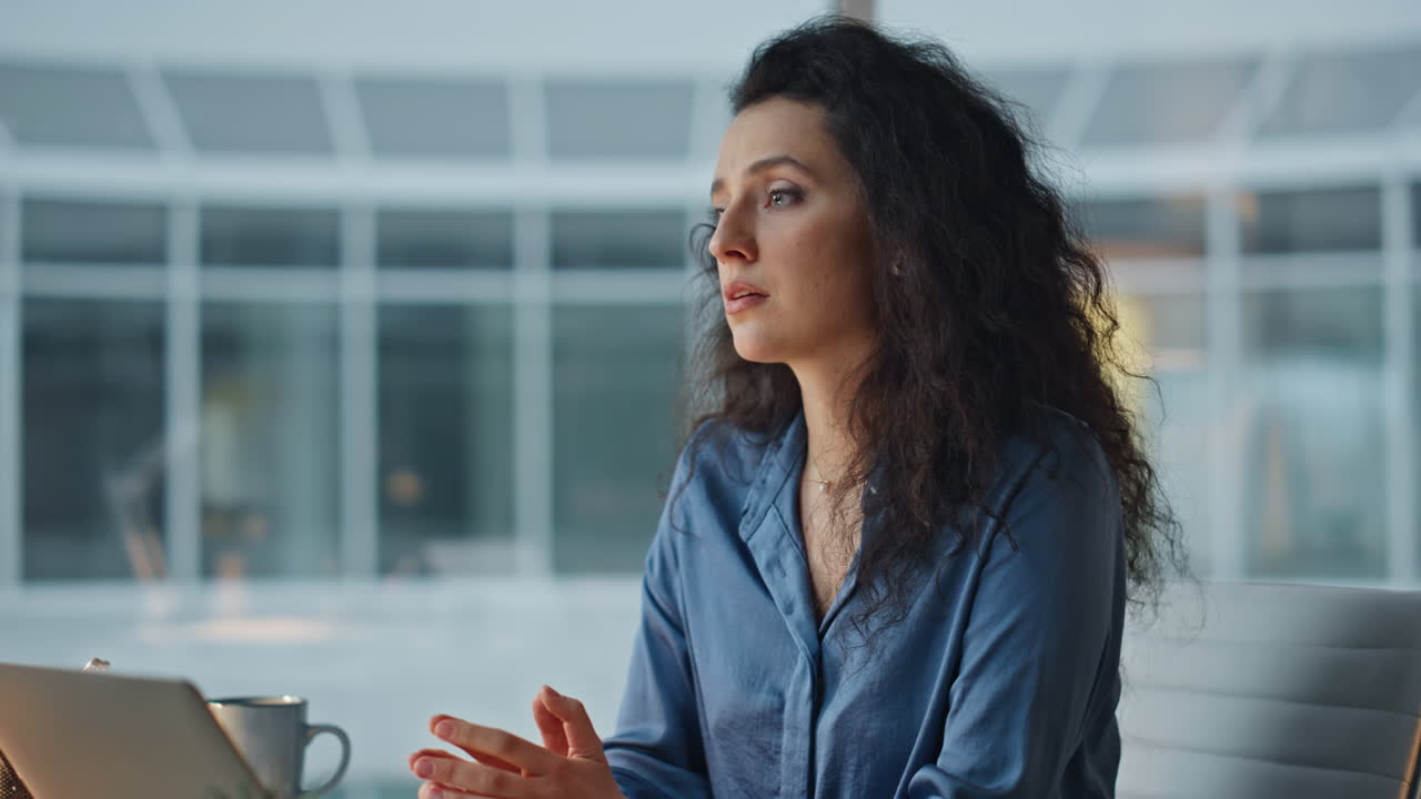 Pensive woman working office alone closeup. Professional businesswoman thinking