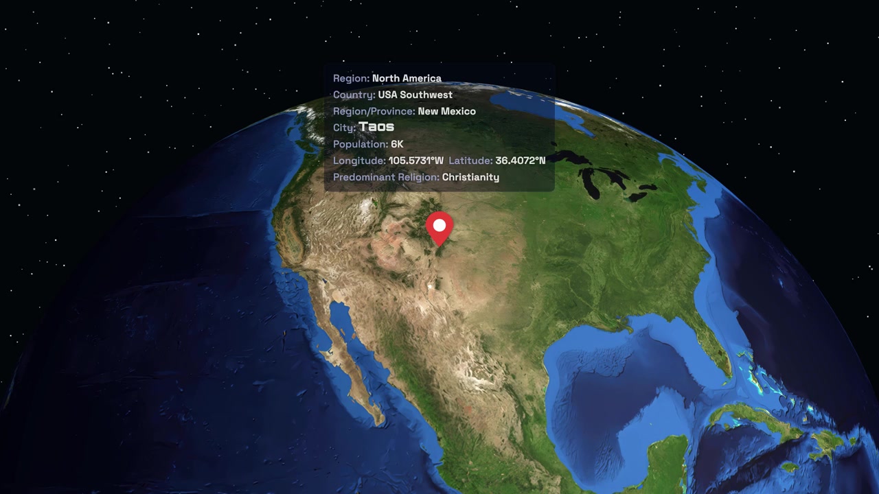 Un globo digital gira y se acerca a Norteamérica, señalando Taos con un marcador de ubicación.
