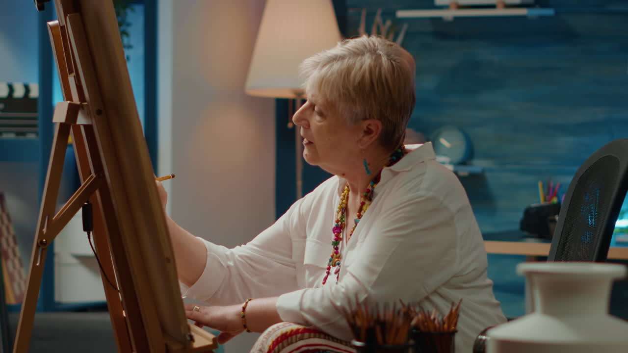 Old artist using artistic skills and tools to create authentic drawing