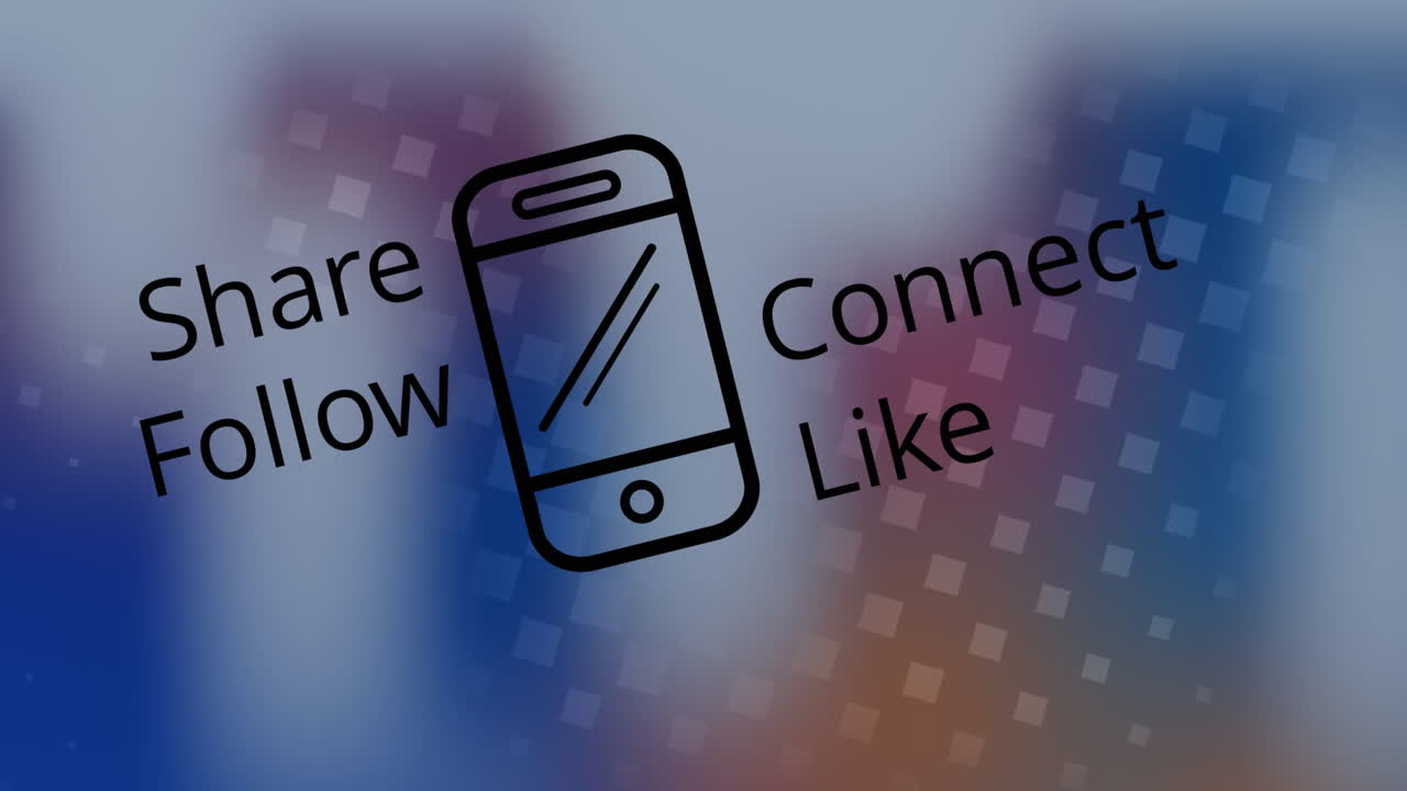 animación del icono del teléfono inteligente y el texto de las redes sociales sobre fondo azul