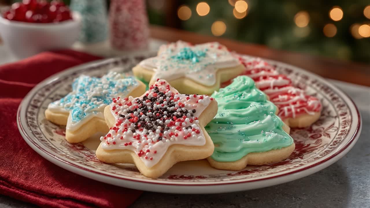 Deliciously Decorated Holiday Cookies: A Plate Full of Star and Tree Shapes with Colorful Frosting and Sprinkles, Perfect for Festive Celebrations