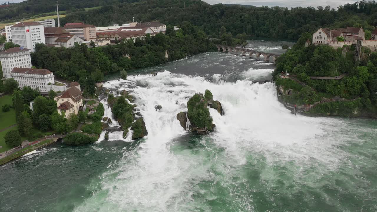 Majestic view of the Rhine Falls with cascading water and surrounding lush greenery