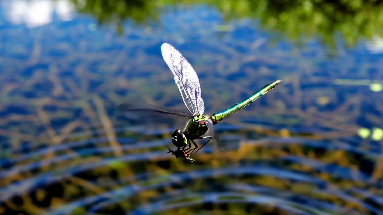 Dragonfly in flight over water