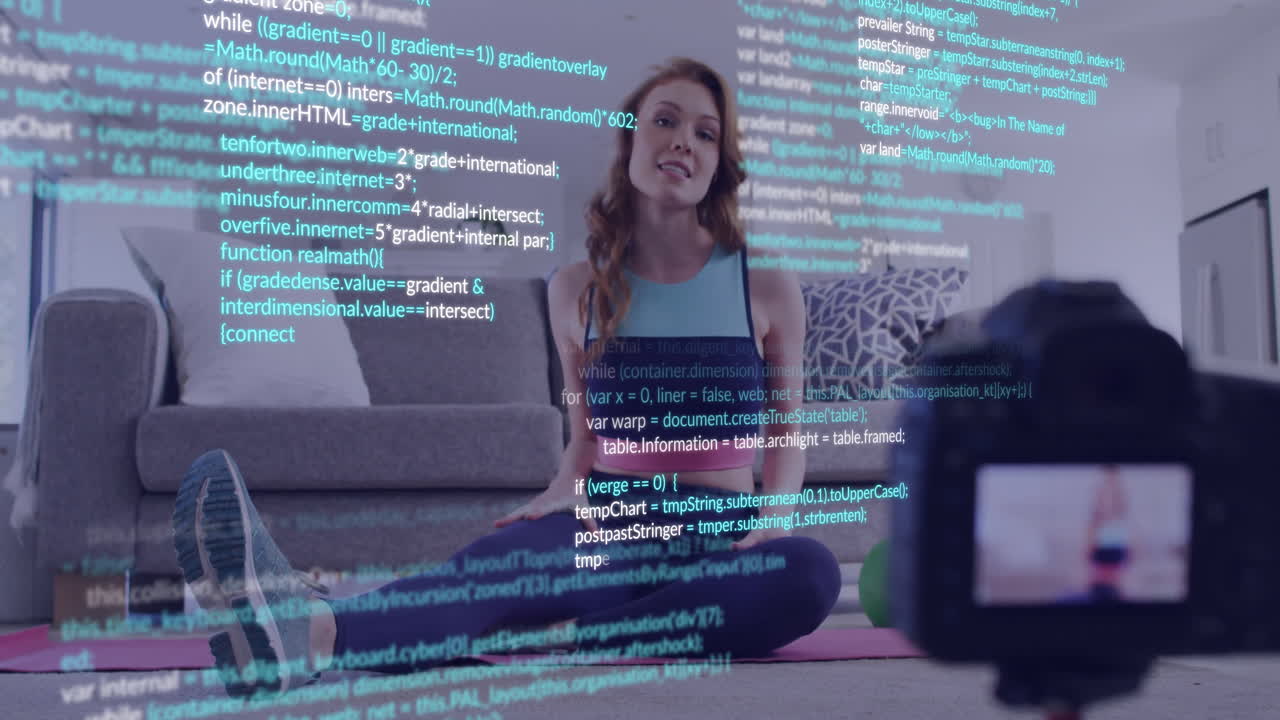 Sitting on yoga mat, woman viewing coding animation overlay in school setting