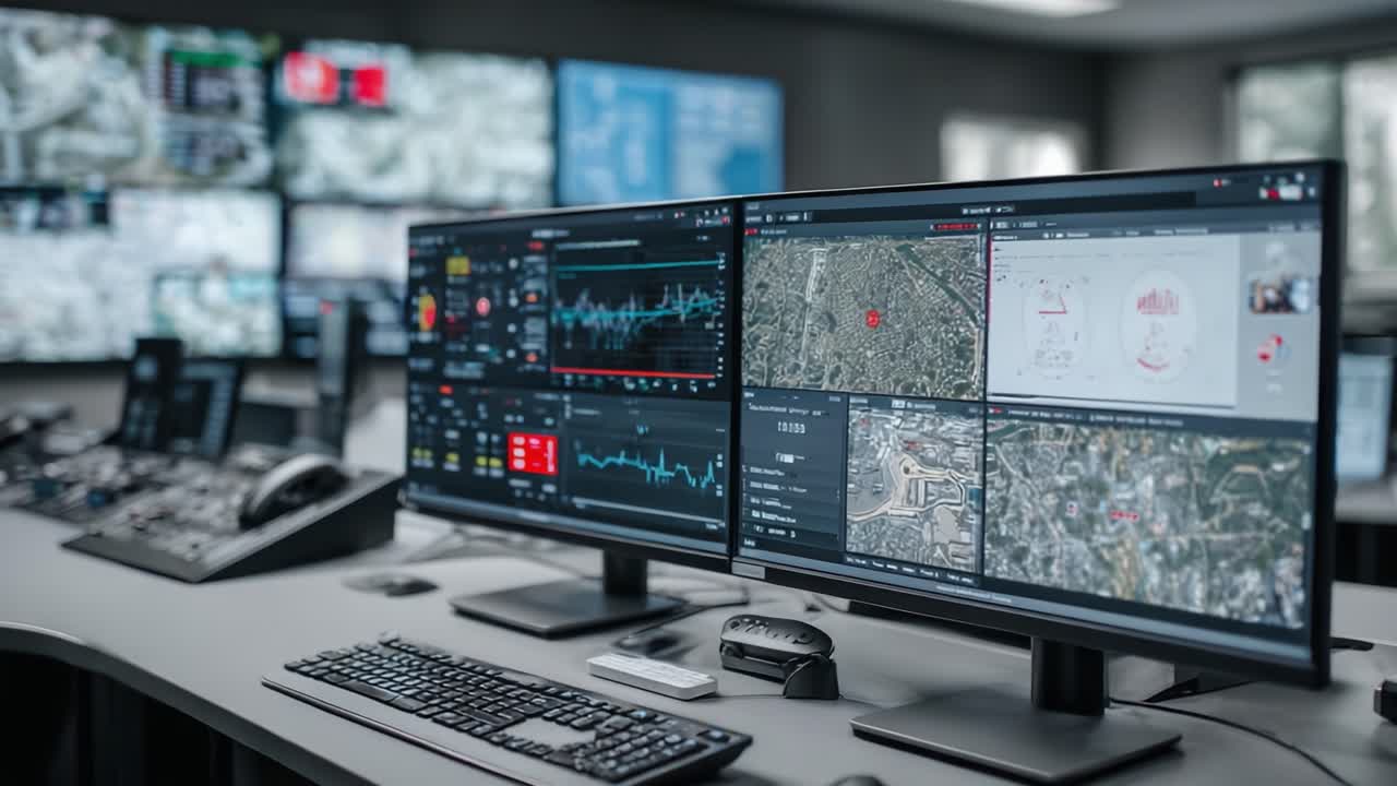 Advanced Command Center with Dynamic Surveillance Displays and Interactive Data Management Interfaces for Real-Time Monitoring and Analysis