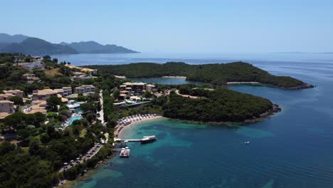 fly by coastal landscape of syvota, greece