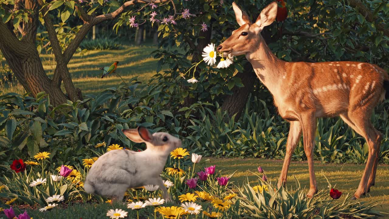 A serene garden scene with a rabbit and deer amidst colorful flowers