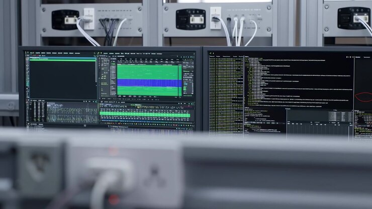 Rack focus moves from foreground wiring and illuminated connection ports toward two screens filled with green and white interface panels, code-like text, timelines, and system data.