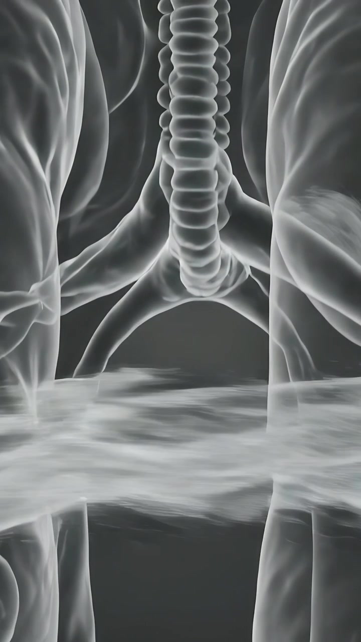 Vertikal video: Stigende kamera viser thorax med strøm, der krydser for at afsløre bronkier, rygsøjle i gengivelse.