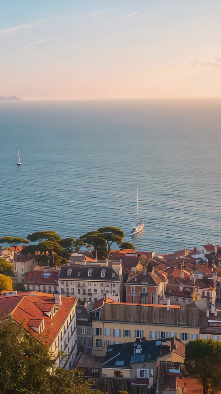 Video verticale: inquadratura con movimento orizzontale della camera su tetti in terracotta, che rivela una luce calda e una barca a vela alla deriva