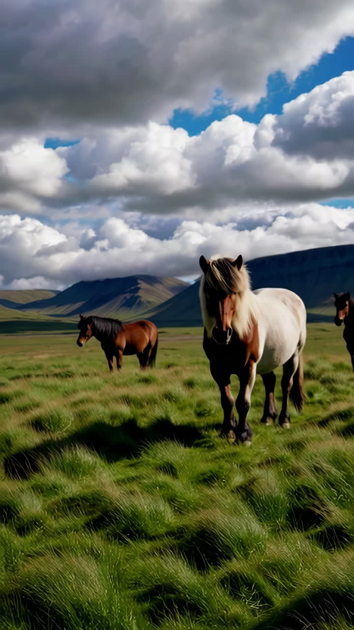 Icelandic Horses in a Lush Green Mountain Pasture