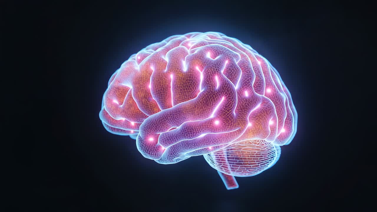 Opening wireframe brain model starting rotating in black void showcasing pink and orange pulses