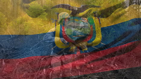 animation of flag of ecuador over caucasian male soldiers holding weapons walking in forest