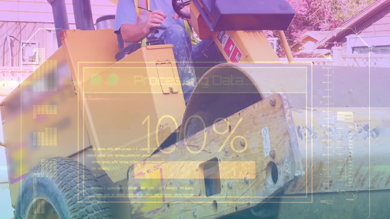 Operator steering roller flattening sand for paving, HUD at 0% tracking to 100% guiding