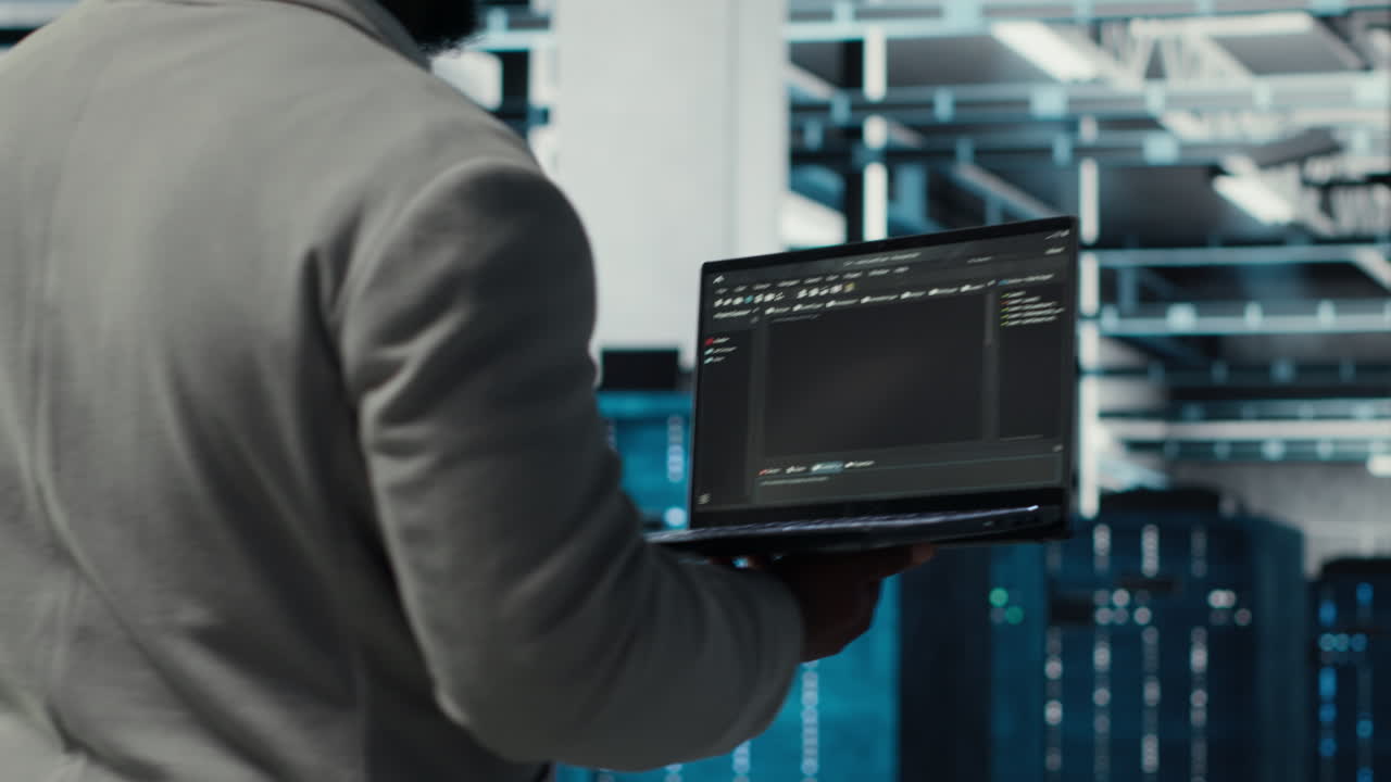 Vertical video Cheerful admin walking in data center, checking gear for system stability