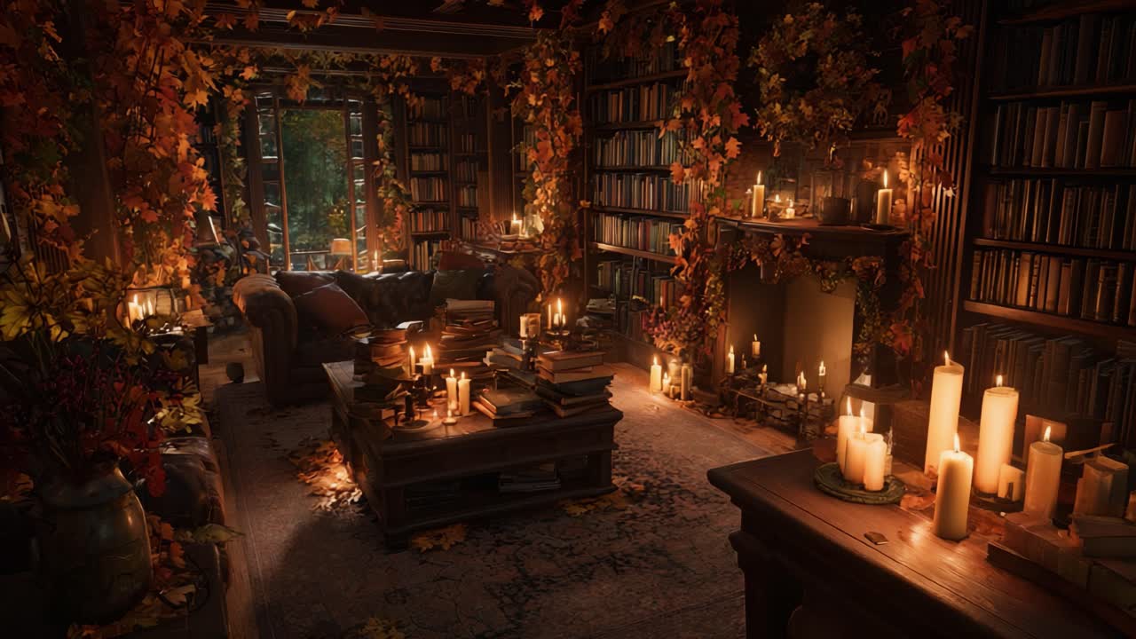 A Cozy Autumn Retreat: A Warm and Inviting Living Room Bathed in Candlelight, Surrounded by Books and Adorned with Colorful Fall Leaves