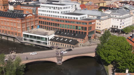 drone shot of arches bridge over the water canal in norrkoping, sweden