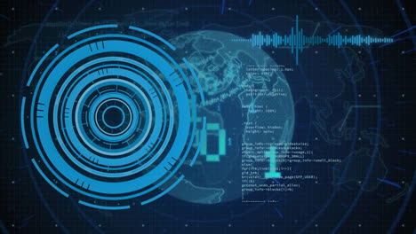animation of data processing and scope scanning over globe and world map