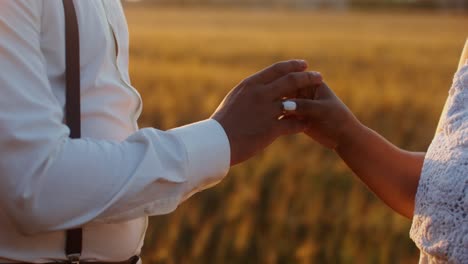 couple holding hands in a wheat field at sunset