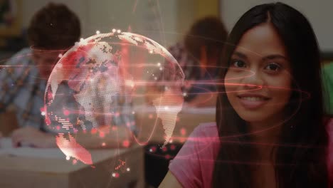 Animation-of-network-of-connections-with-globe-over-students