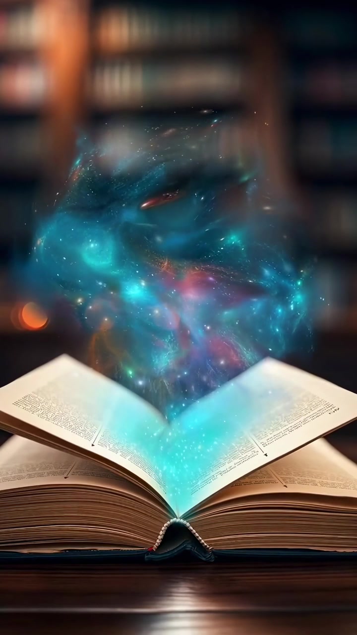 Galassia cosmica e luce magica emergono da un libro aperto.