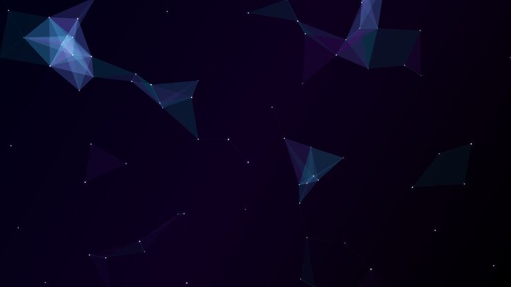 Connessione di rete digitale astratta con poligoni geometrici fluttuanti