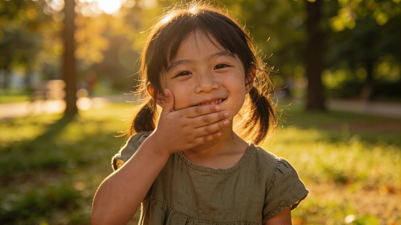 Ragazza sorridente che apre gli occhi dopo uno scatto della fotocamera, pulendosi una macchia gialla dalla bocca al parco, con un vestito verde oliva.
