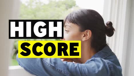 Animation-of-high-score-text-over-caucasian-woman