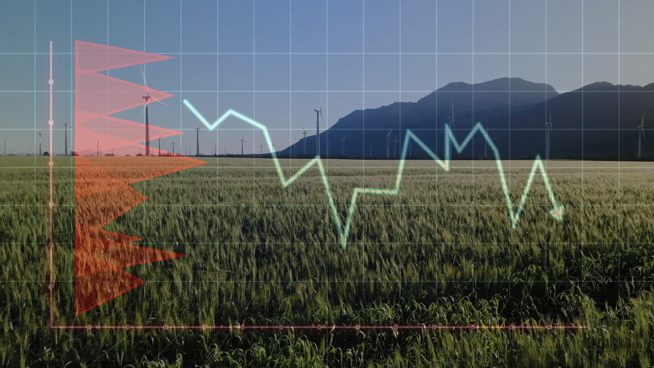 Graph and data animation over wind turbines in green field with mountains