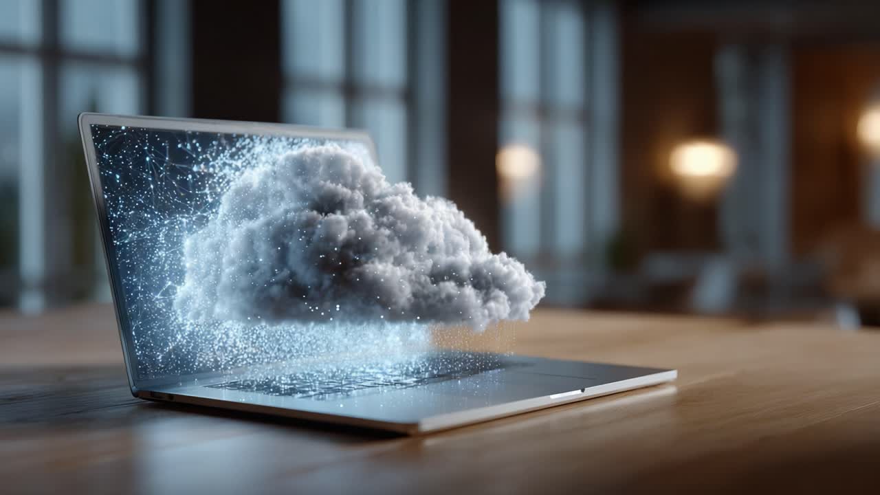 A dynamic transformation of a cloud manifestation emerging from a laptop showcasing the interplay of technology and creativity in a captivating and artistic manner