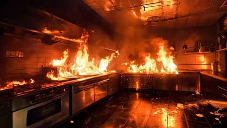 a kitchen with a lot of fire coming out of the ovens